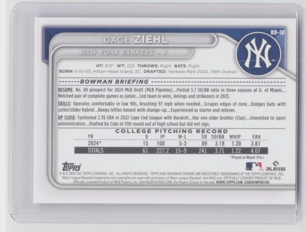 2024 Bowman Draft Gage Ziehl #BD-10 Yankees - Image 3