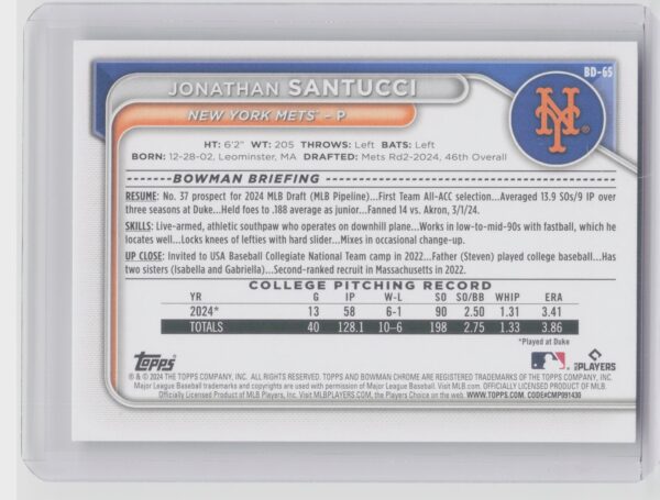 2024 Bowman Draft Jonathan Santucci #BD-65 Mets - Image 3