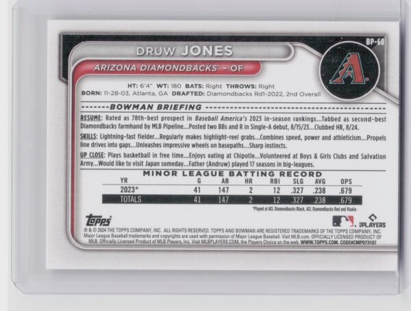 2024 Bowman Druw Jones #BP-60 Diamondbacks Prospects - Image 3