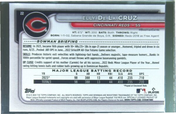 2024 Bowman Elly de la Cruz RC #22 Reds - Image 3