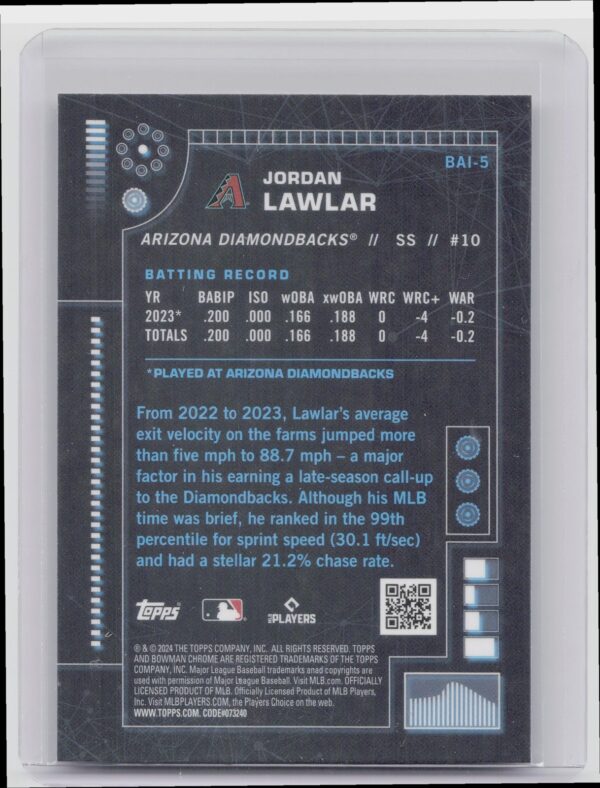 2024 Bowman Jordan Lawlar RC #BAI-5 Diamondbacks Bowman A.I. - Image 3