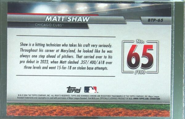2024 Bowman Matt Shaw #BTP-65 Cubs Bowman Scouts' Top 100 - Image 3