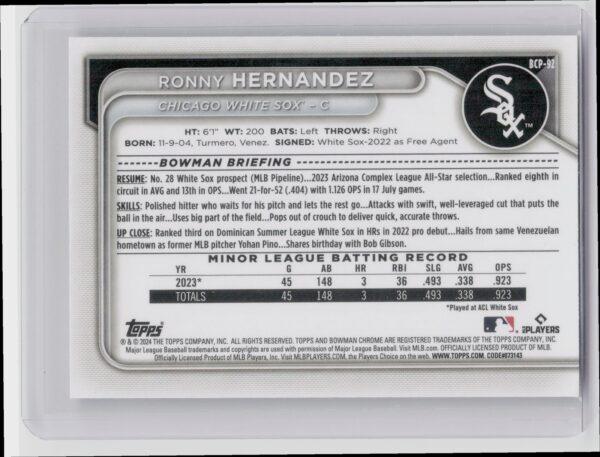 2024 Bowman Ronny Hernandez #BCP-92 Sox Chrome Prospects Mini Diamond Refractors - Image 3