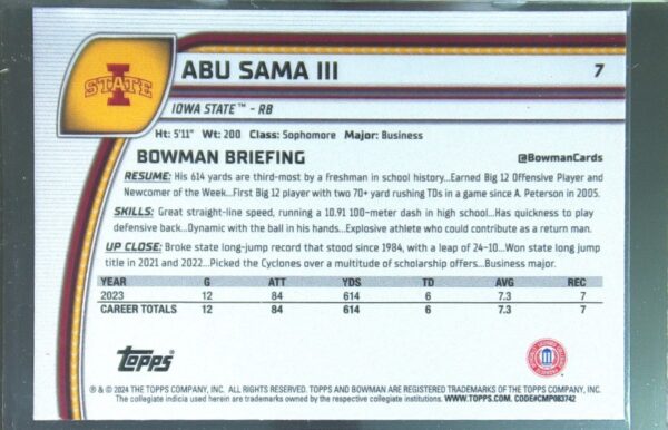 2024 Bowman University Chrome Abu Sama III Pink Lava Refractor 7 Cyclones - Image 3