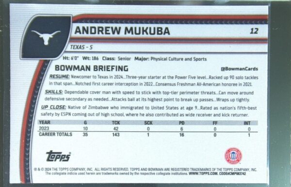 2024 Bowman University Chrome Andrew Mukuba X Fractor RC 12 Longhorns - Image 3