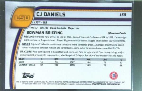 2024 Bowman University Chrome CJ Daniels Teal Lava Refractor RC 150 Tigers - Image 3