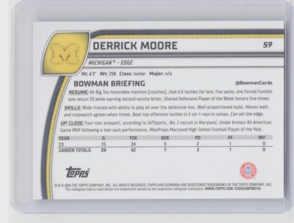 2024 Bowman University Chrome Derrick Moore Purple Refractor /399 59 Wolverines - Image 3
