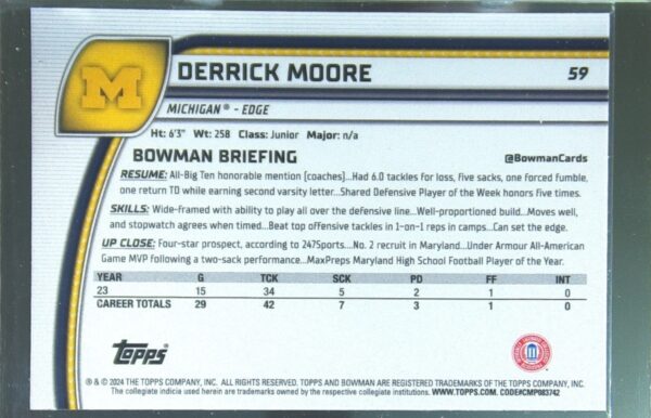 2024 Bowman University Chrome Derrick Moore Teal Lava Refractor RC 59 Wolverines - Image 3