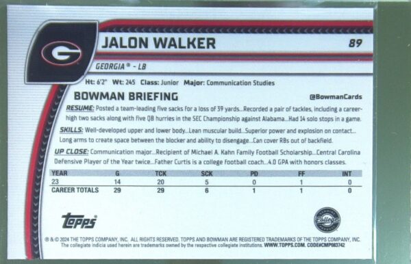 2024 Bowman University Chrome Jalon Walker Aqua Refractor /299 RC 89 Bulldogs - Image 3