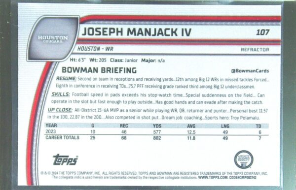 2024 Bowman University Chrome Joseph Manjack IV Refractor RC 107 Cougars - Image 3