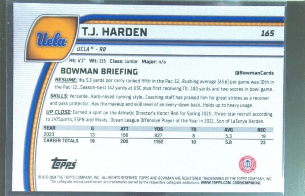 2024 Bowman University Chrome T.J. Harden Teal Lava Refractor RC 165 Bruins - Image 3