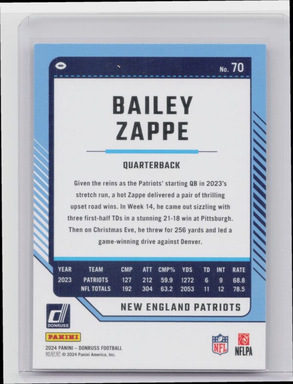 2024 Donruss Bailey Zappe Press Proof Purple RC 70 Patriots - Image 3