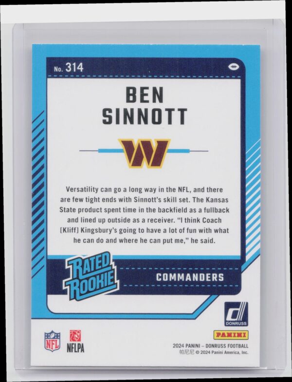 2024 Donruss Ben Sinnott RC 314 Commanders - Image 3
