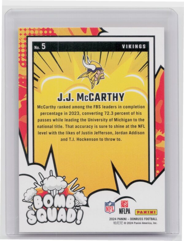 2024 Donruss J.J. McCarthy RC 5 Vikings Bomb Squad - Image 3