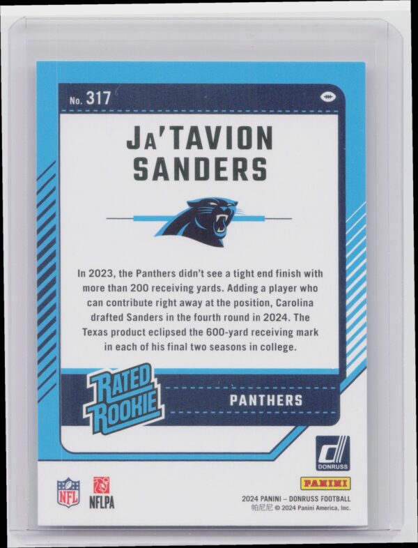 2024 Donruss Ja'Tavion Sanders RC 317 Panthers - Image 3