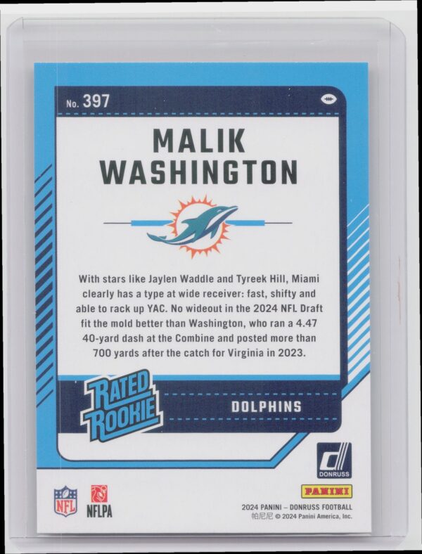 2024 Donruss Malik Washington Press Proof Red 397 Dolphins - Image 3