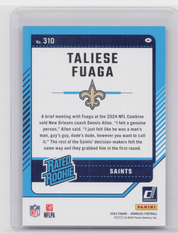 2024 Donruss Taliese Fuaga Press Proof Red RC 310 Saints - Image 3