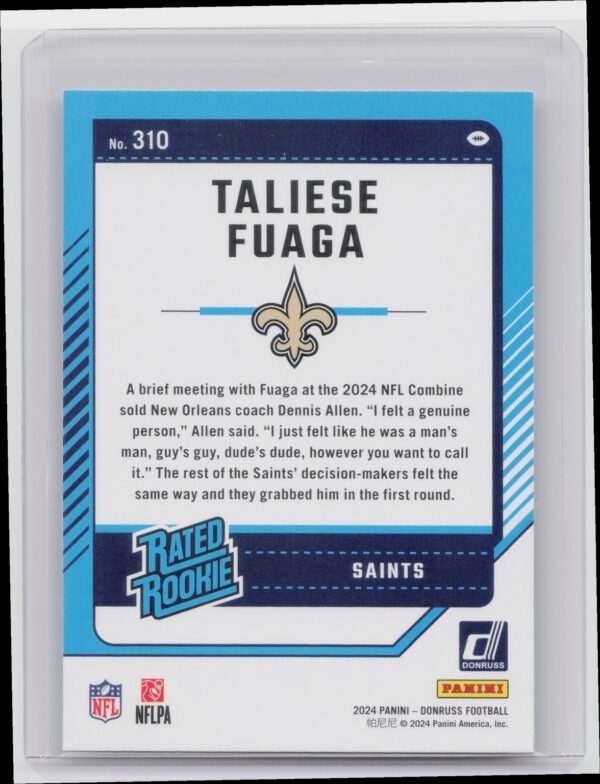2024 Donruss Taliese Fuaga RC 310 Saints - Image 3