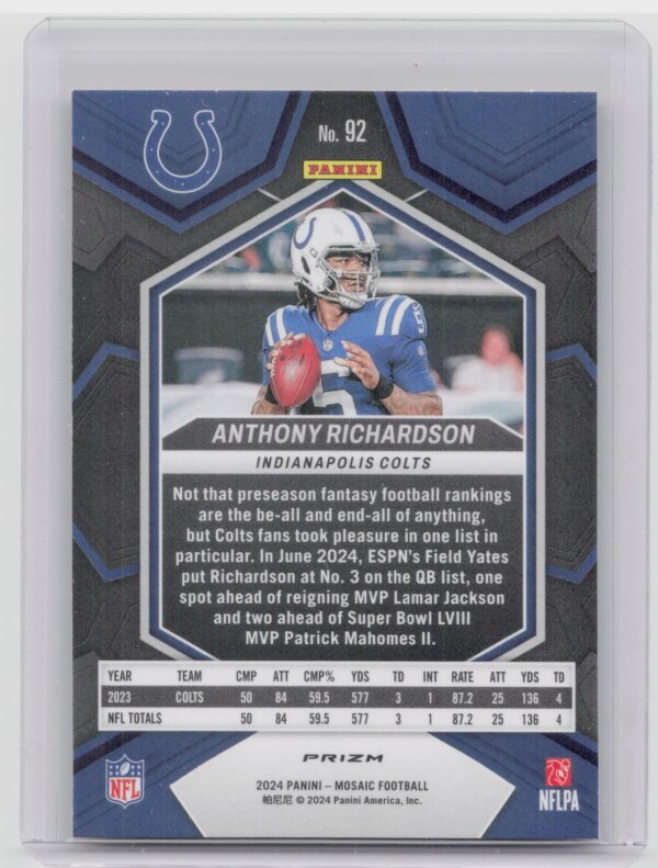2024 Panini Mosaic Anthony Richardson Mosaic Reactive Yellow 92 Colts - Image 3