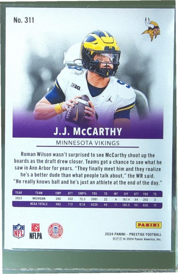 2024 Panini Prestige J.J. McCarthy RC #311 Vikings - Image 3