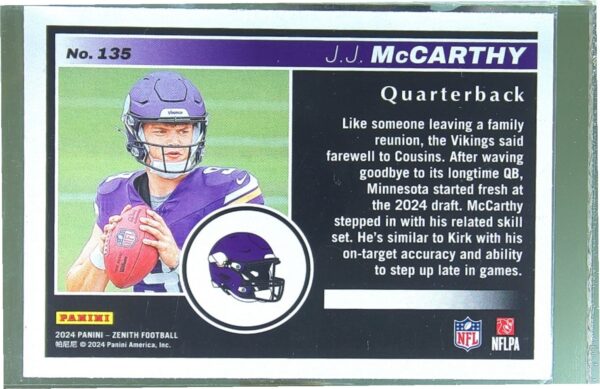 2024 Panini Zenith J.J. McCarthy RC 135 Vikings - Image 3