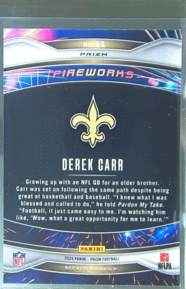2024 Prizm Derek Carr 11 Saints Fireworks Wave Green Prizm - Image 3