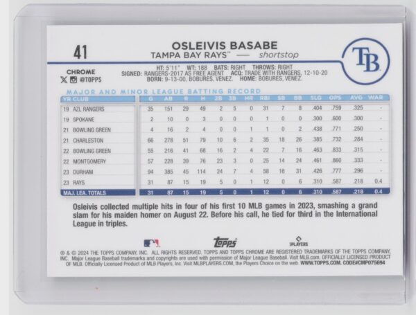 2024 Prizm Osleivis Basabe RC #41 Rays - Image 3