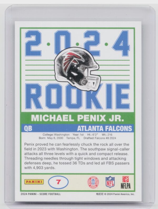 2024 Score Michael Penix Jr. RC #7 Falcons 35th Anniversary Rookies Dynamics - Image 3
