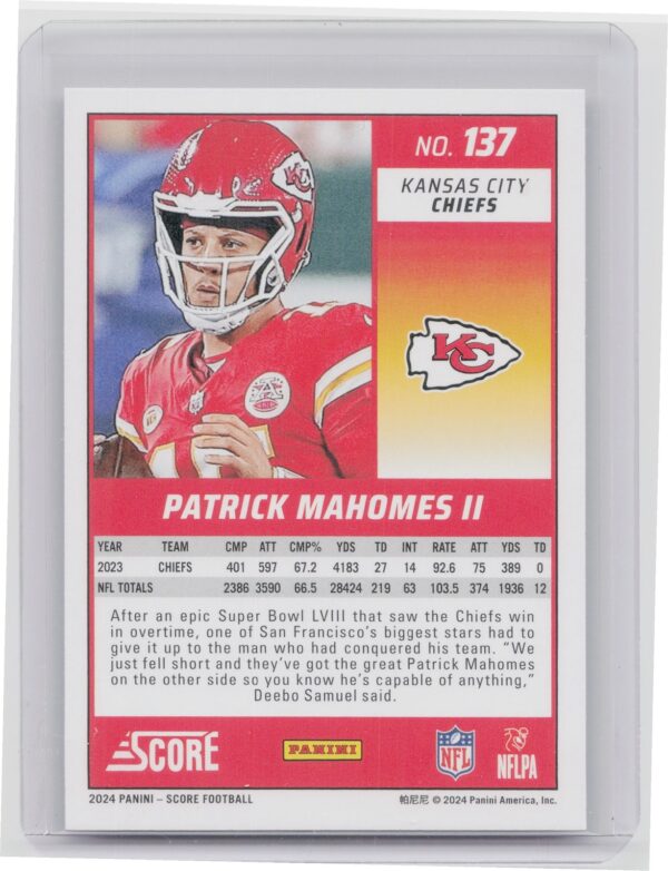 2024 Score Patrick Mahomes II #137 Chiefs - Image 3