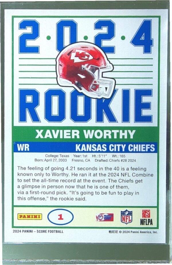 2024 Score Xavier Worthy RC #1 Chiefs 35th Anniversary Rookies Pink - Image 3