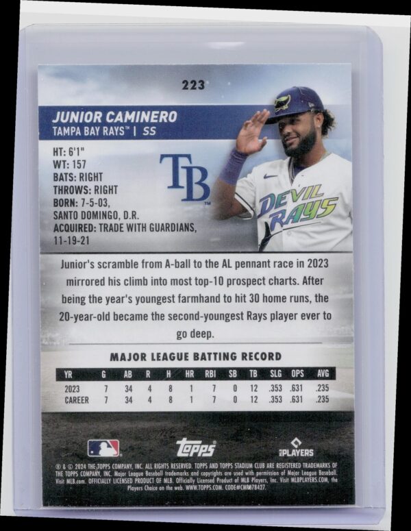 2024 Stadium Club Junior Caminero RC #223 Rays - Image 3