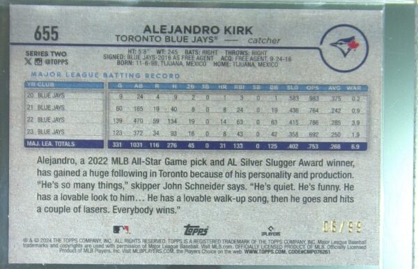 2024 Topps Alejandro Kirk Vintage Stock /99 #655 Jays - Image 3