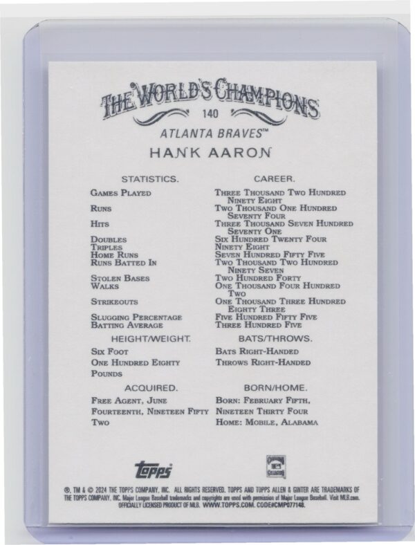 2024 Topps Allen & Ginter Hank Aaron #140 Braves - Image 3