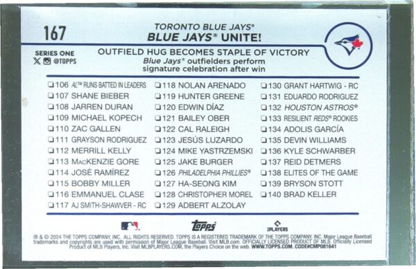 2024 Topps Blue Jays Unite!: Outfield Hug Becomes Staple of Victory Holiday #167 - Image 3