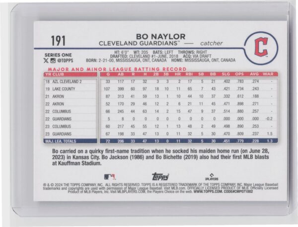 2024 Topps Bo Naylor Future Stars #191 Guardians - Image 3