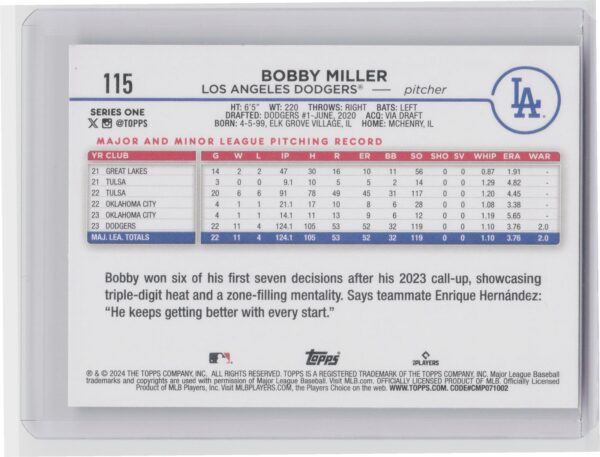 2024 Topps Bobby Miller Future Stars #115 Dodgers - Image 3