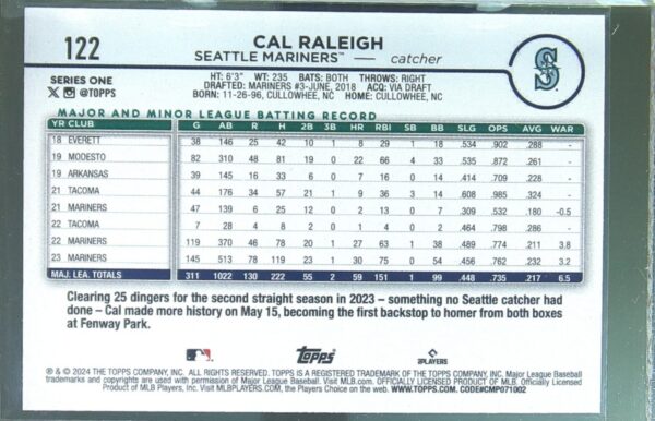 2024 Topps Cal Raleigh Rainbow Foil #122 Mariners - Image 3