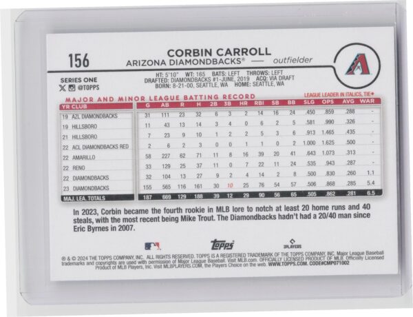 2024 Topps Chrome Corbin Carroll Rookie #156 Diamondbacks - Image 3