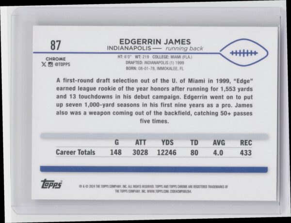 2024 Topps Chrome Edgerrin James 87 Colts - Image 3