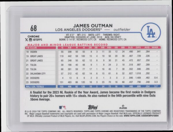 2024 Topps Chrome James Outman #68 Dodgers - Image 3