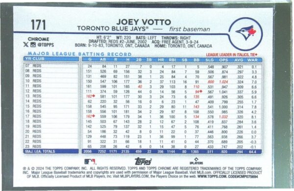 2024 Topps Chrome Joey Votto X Fractors #171 Jays - Image 3