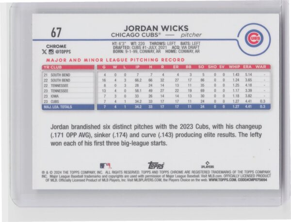 2024 Topps Chrome Jordan Wicks X Fractors #67 Cubs - Image 3