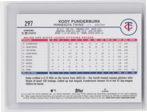 2024 Topps Chrome Kody Funderburk RC #297 Twins - Image 3