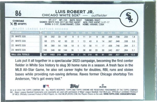 2024 Topps Chrome Luis Robert Jr. Pink Refractors #86 Sox - Image 3