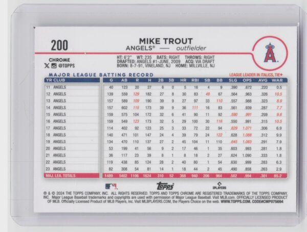 2024 Topps Chrome Mike Trout #200 Angels - Image 3