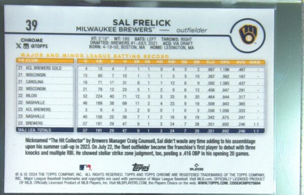 2024 Topps Chrome Sal Frelick RC #39 Brewers - Image 3