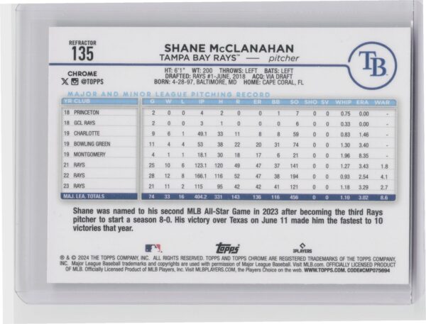 2024 Topps Chrome Shane McClanahan Refractors #135 Rays - Image 3