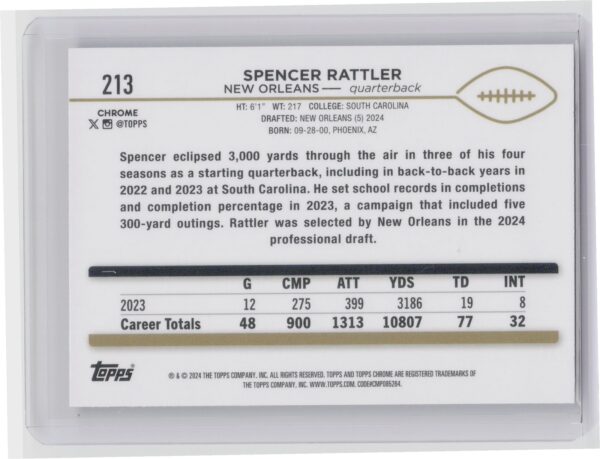 2024 Topps Chrome Spencer Rattler RC 213 Saints - Image 3