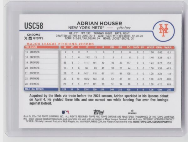 2024 Topps Chrome Update Adrian Houser X Fractors #USC58 Mets - Image 3