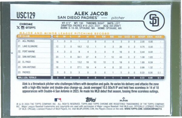 2024 Topps Chrome Update Alek Jacob X Fractors RC #USC129 Padres - Image 3